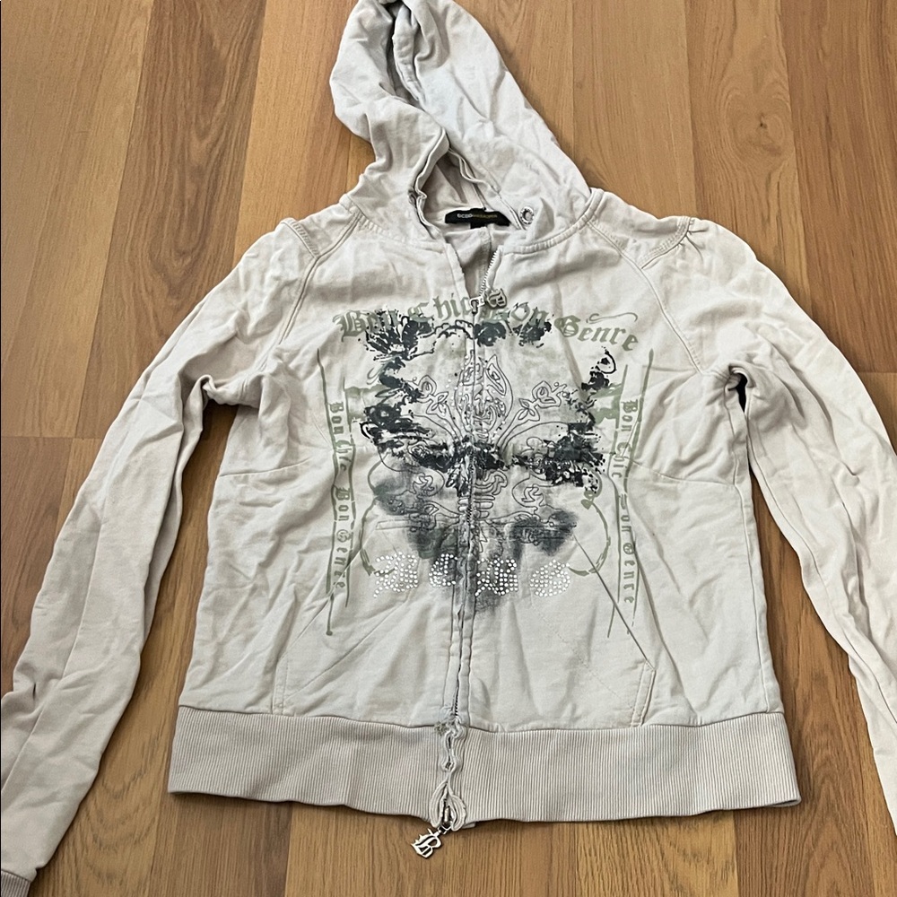 Vintage beige Graphic Zip-Up Hoodie